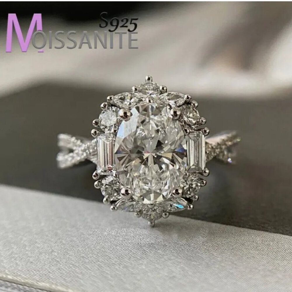 925 Sterling Silver 1ct Moissanite Sparkly Oval Pigeon Egg Ring Women's size 9